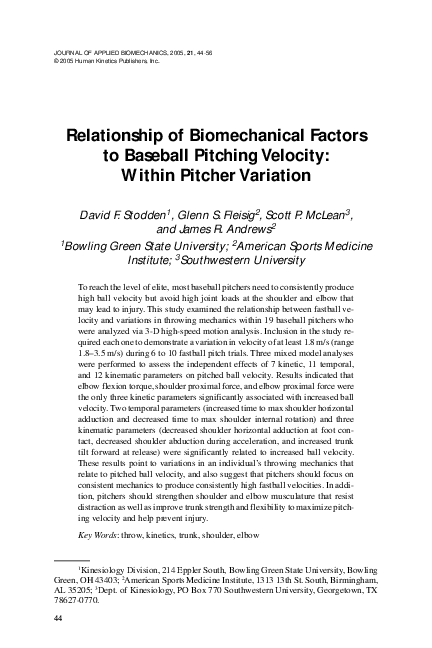 (PDF) Relationship of Biomechanical Factors to Baseball Pitching ...