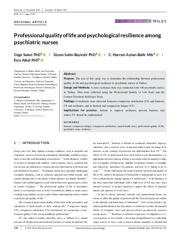 (PDF) Professional quality of life and psychological resilience among ...