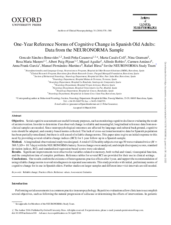 (PDF) One-Year Reference Norms of Cognitive Change in Spanish Old ...