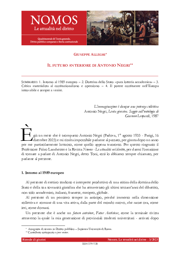 G. Allegri, Il futuro anteriore di Antonio Negri, in "Nomos. Le attualità nel diritto", 3/2023