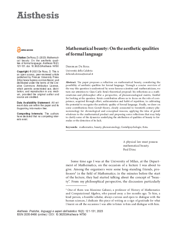 (PDF) Mathematical beauty: On the aesthetic qualities of formal language