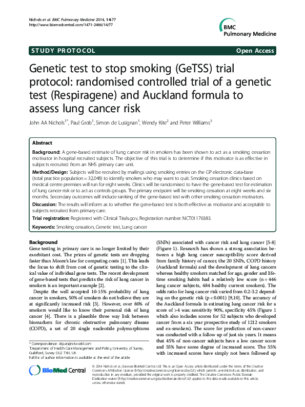 (PDF) Genetic test to stop smoking (GeTSS) trial protocol: randomised ...