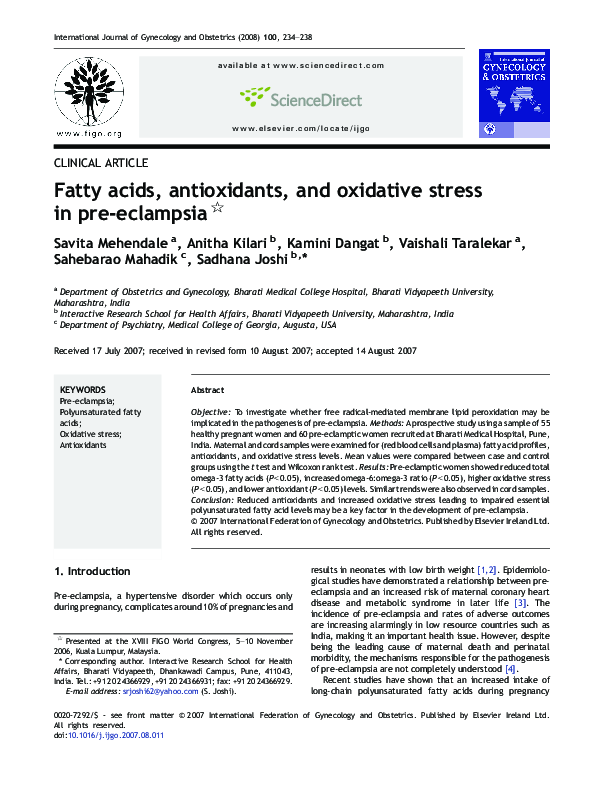 (PDF) Fatty acids, antioxidants, and oxidative stress in pre‐eclampsia