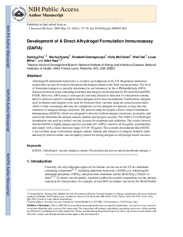 (PDF) Development of a Direct Alhydrogel Formulation Immunoassay (DAFIA)
