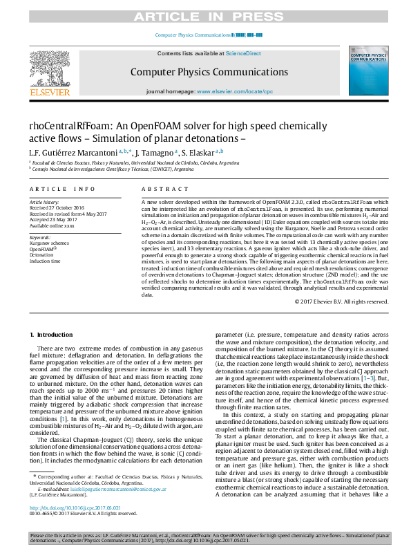 (PDF) rhoCentralRfFoam: An OpenFOAM solver for high speed chemically ...