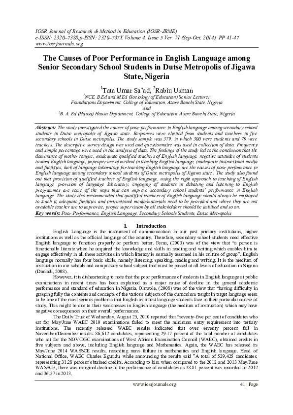 (PDF) The Causes of Poor Performance in English Language among Senior ...