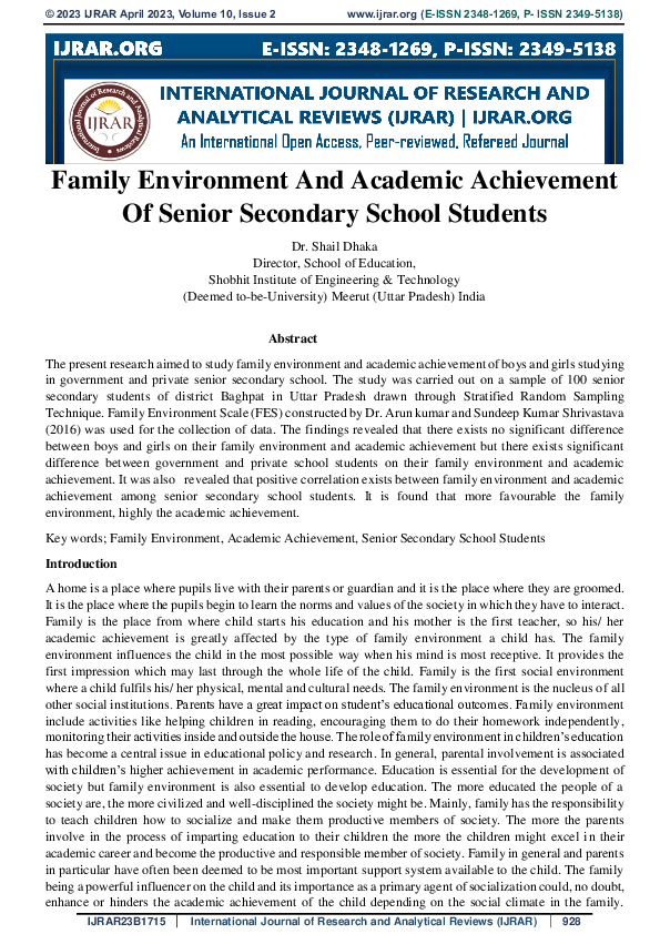 (PDF) Family Environment And Academic Achievement Of Senior Secondary ...