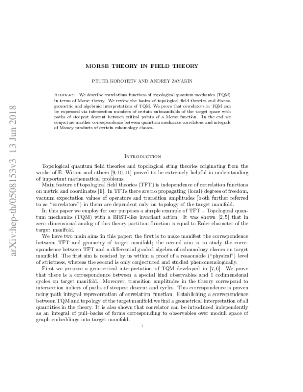 Morse Theory in Field Theory. (arXiv:hep-th/0508153v3 UPDATED)