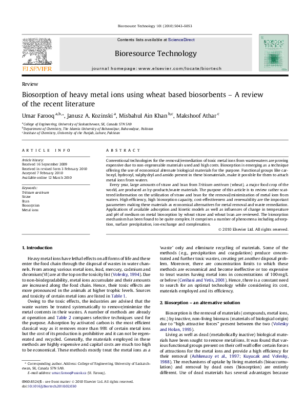 (PDF) Biosorption of heavy metal ions using wheat based biosorbents – A ...