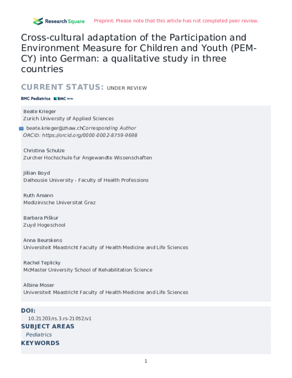 (PDF) Cross-cultural adaptation of the Participation and Environment ...