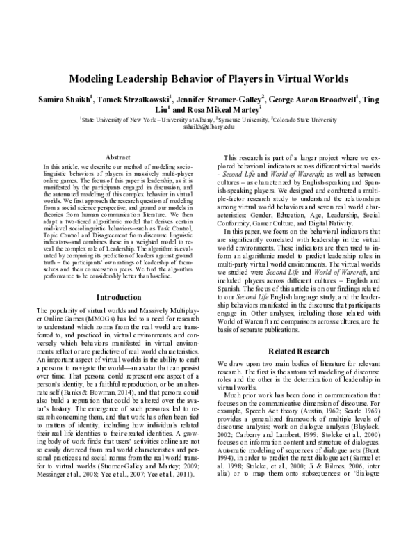 (PDF) Modeling Leadership Behavior of Players in Virtual Worlds
