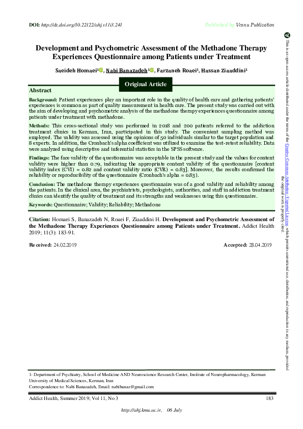 (PDF) Development and Psychometric Assessment of the Methadone Therapy ...