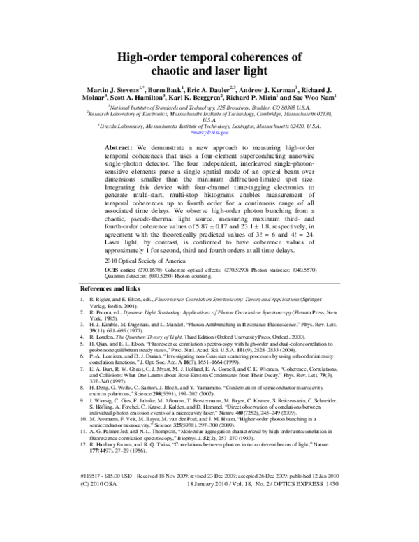 (PDF) High-Order Coherences of Chaotic and Coherent Optical States | NIST