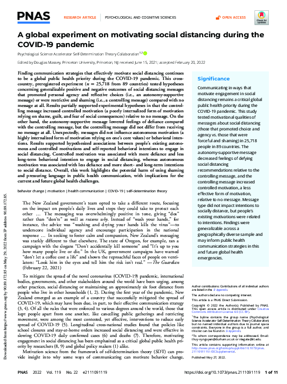 A Global Experiment on Motivating Social Distancing during the COVID-19 Pandemic