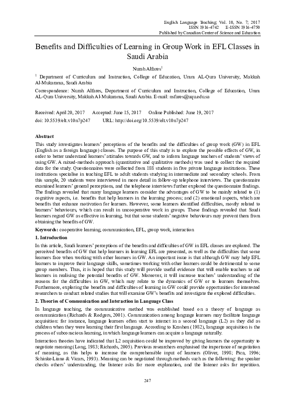(PDF) Benefits and Difficulties of Learning in Group Work in EFL ...