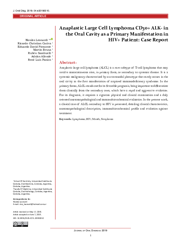 (PDF) Anaplastic Large Cell Lymphoma CD30+ ALK- in the Oral Cavity as a ...