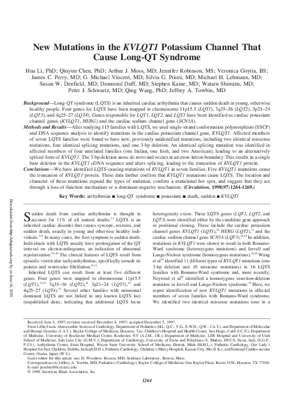 (PDF) New Mutations in the KVLQT1 Potassium Channel That Cause Long-QT ...