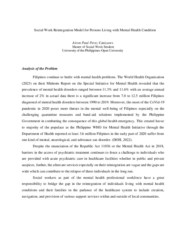 (PDF) Social Work Reintegration Model for Persons Living with Mental ...