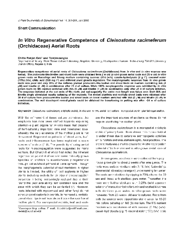 In Vitro Regenerative Competence of Cleisostoma racimeferum (Orchidaceae) Aerial Roots