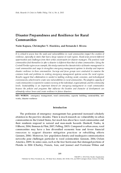 (PDF) Disaster Preparedness and Resilience for Rural Communities