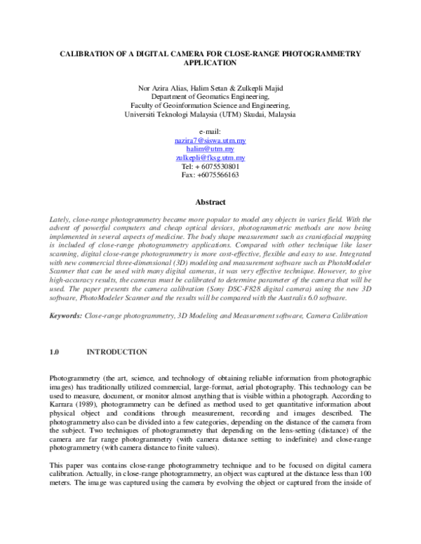 (PDF) Calibration of a digital camera for close-range photogrammetry ...