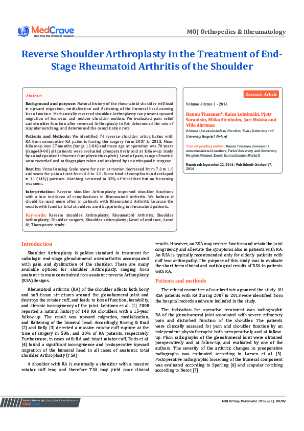 (PDF) Reverse Shoulder Arthroplasty in the Treatment of End-Stage ...