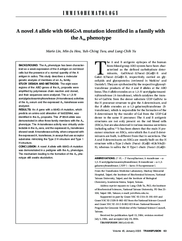 (PDF) A novel A allele with 664G>A mutation identified in a family with ...