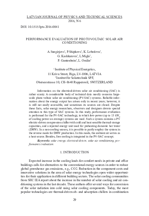 (PDF) Performance Evaluation of Photovoltaic Solar Air Conditioning