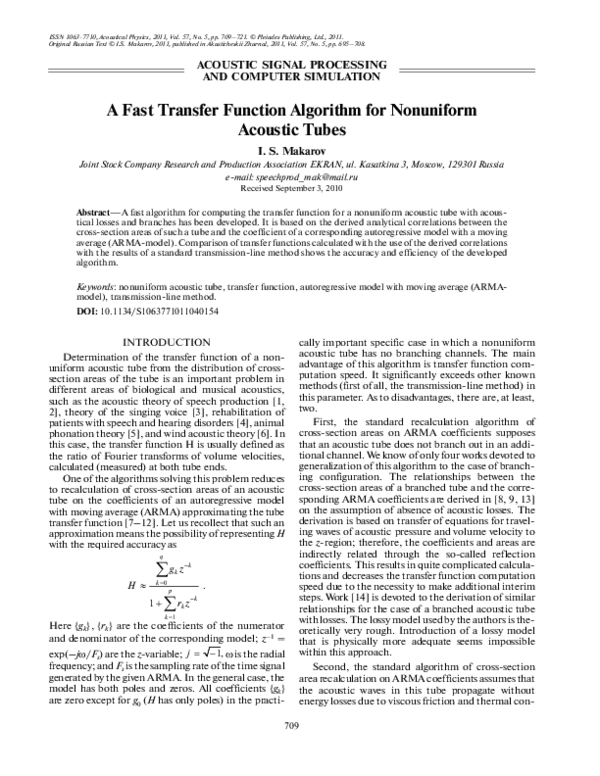 (PDF) A Fast Transfer Function Algorithm for Nonuniform Acoustic Tubes