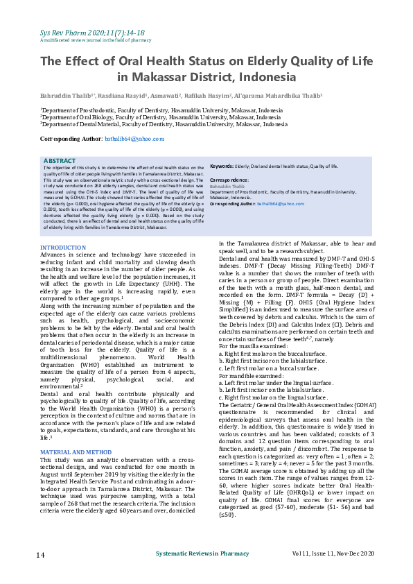 (PDF) The Effect of Oral Health Status on Elderly Quality of Life in ...