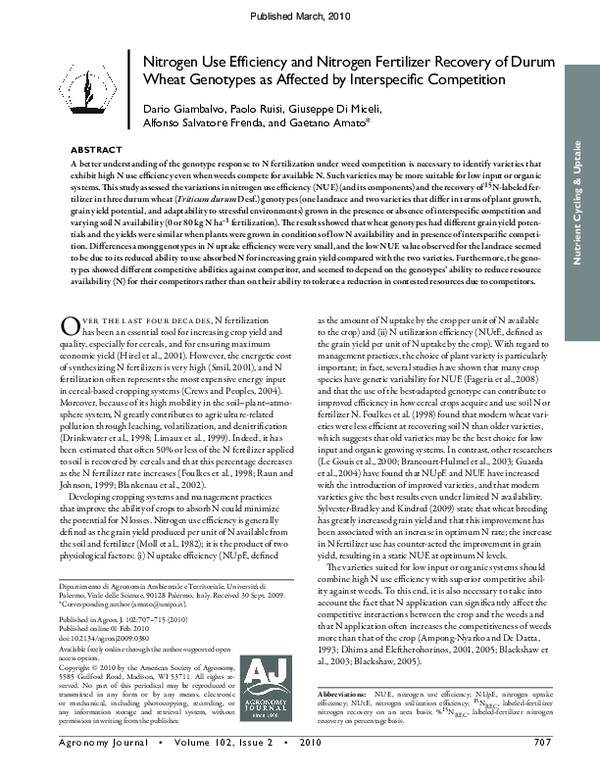Picture of (PDF) Nitrogen Use Efficiency and Nitrogen Fertilizer Recovery of Durum ...