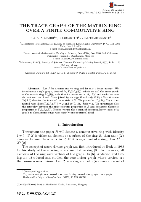 (PDF) The trace graph of the matrix ring over a finite commutative ring