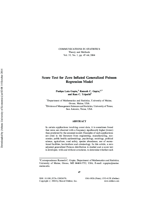 (PDF) Score Test for Zero Inflated Generalized Poisson Regression Model