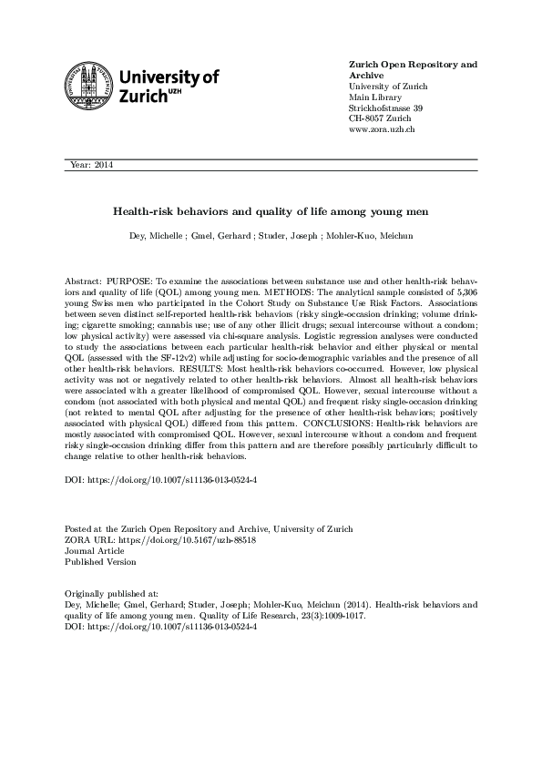(PDF) Health-risk behaviors and quality of life among young men