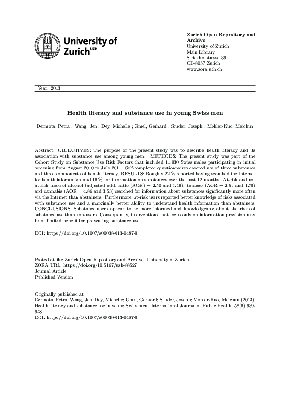 (PDF) Health literacy and substance use in young Swiss men
