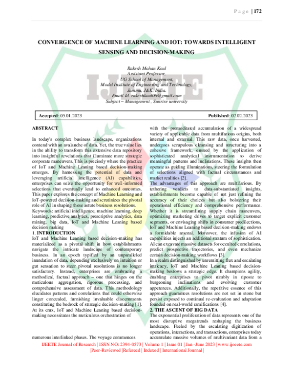 (PDF) CONVERGENCE OF MACHINE LEARNING AND IOT: TOWARDS INTELLIGENT ...