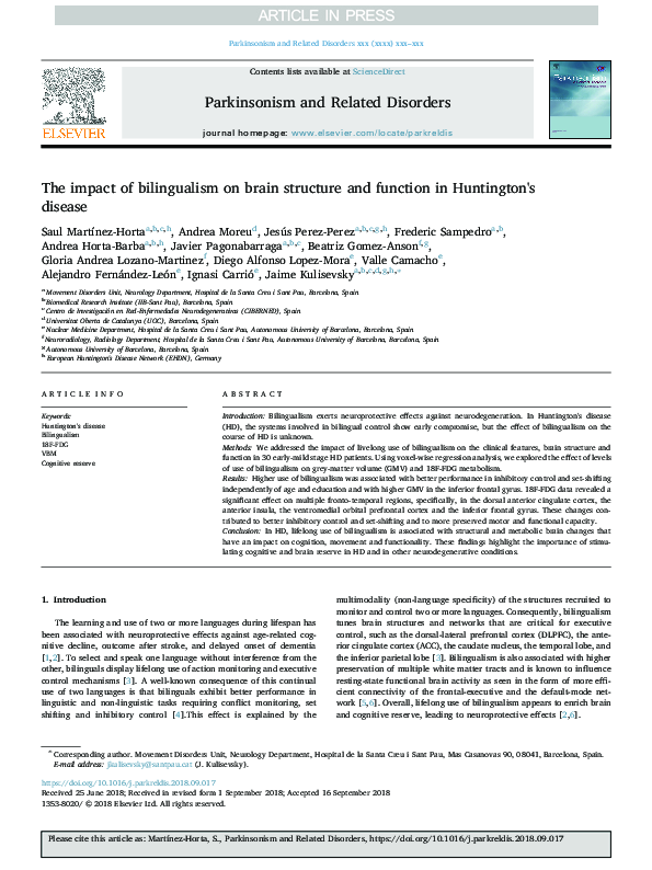 (PDF) The impact of bilingualism on brain structure and function in ...
