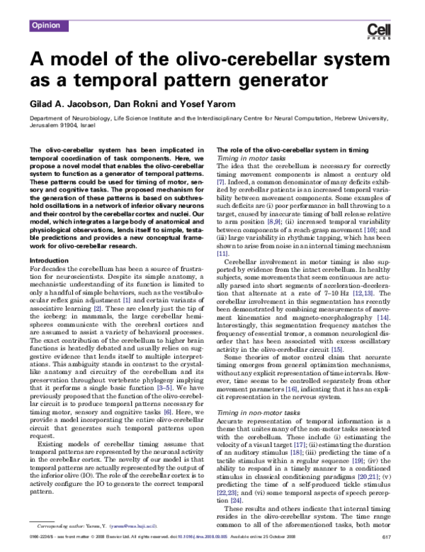 (PDF) A model of the olivo-cerebellar system as a temporal pattern ...