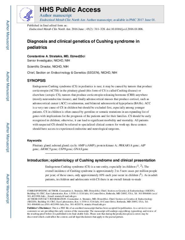 (PDF) Diagnosis and Clinical Genetics of Cushing Syndrome in Pediatrics