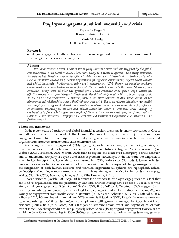 (PDF) Employee engagement, ethical leadership and crisis