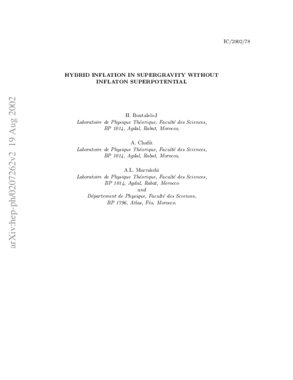 (PDF) Hybrid inflation in supergravity without inflaton superpotential
