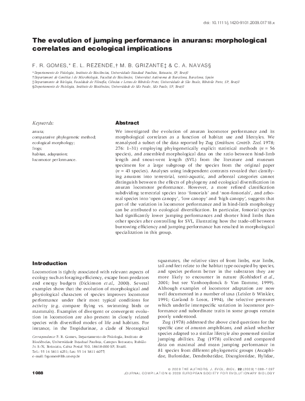 (PDF) The evolution of jumping performance in anurans: morphological ...