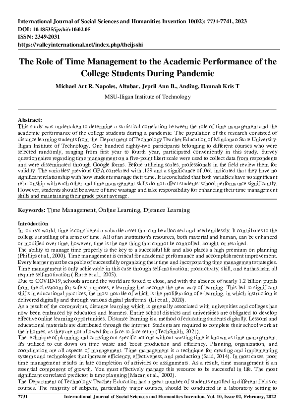 (PDF) The Role of Time Management to the Academic Performance of the ...