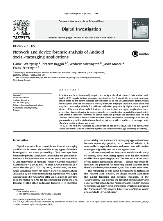 (PDF) Network and device forensic analysis of Android social-messaging ...