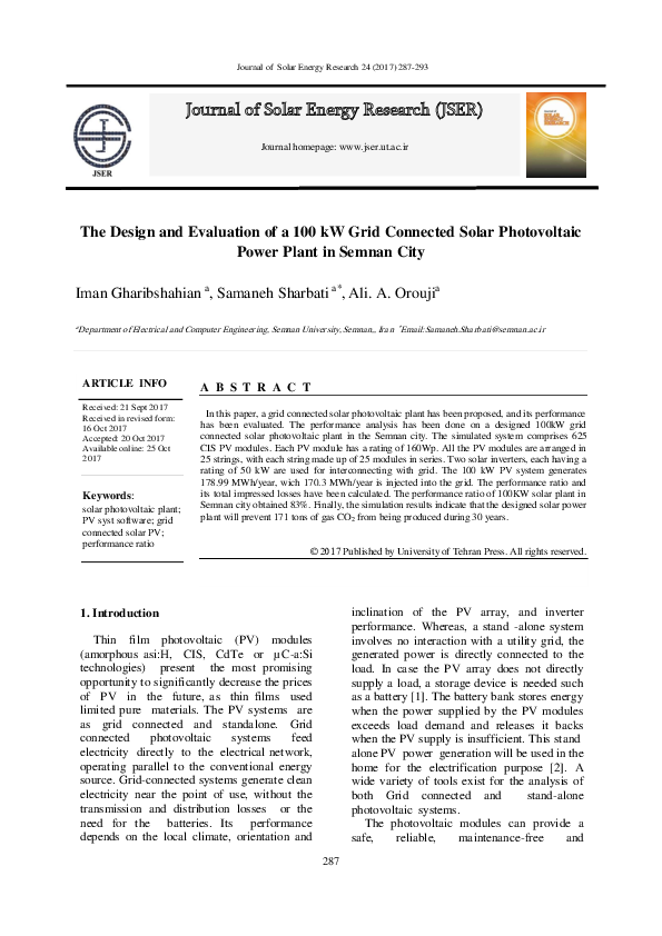 (PDF) The Design and Evaluation of a 100 kW Grid Connected Solar ...