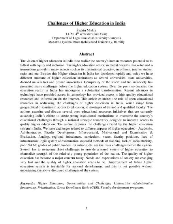 (PDF) Challenges of Higher Education in India