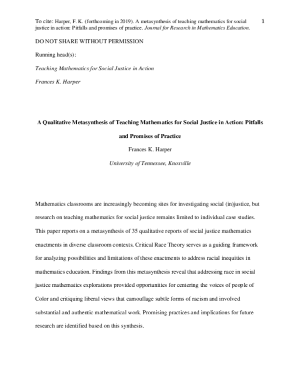 (PDF) A Qualitative Metasynthesis of Teaching Mathematics for Social ...