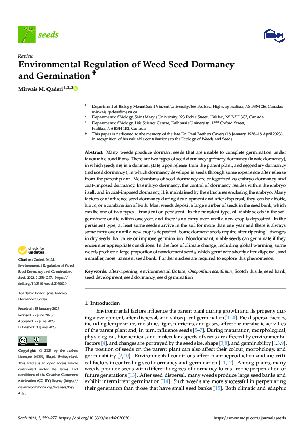 (PDF) Environmental Regulation of Weed Seed Dormancy and Germination
