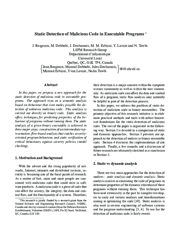 (PDF) Static detection of malicious code in executable programs