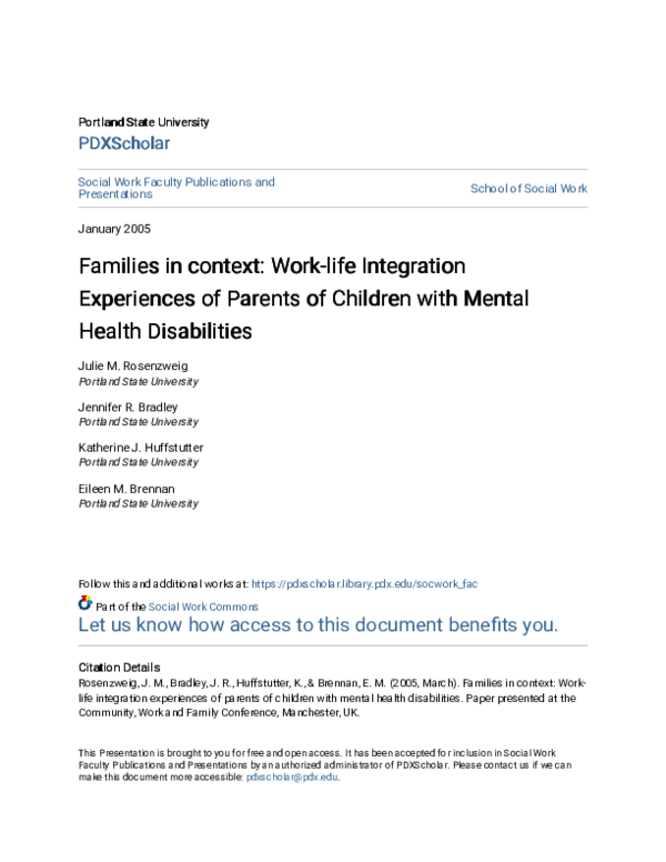 Families in context: Work-life Integration Experiences of Parents of Children with Mental Health Disabilities